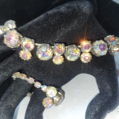 Vintage Aurora Borealis Rhinestone Choker Necklace Silver Tone J-Hook 15.5 Inch