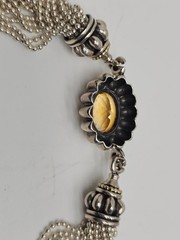 Multi Strand Silver 925 Bead Necklace Amber Glass Front Clasp Statement 17.5 in