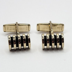 Pioneer Modernist Gold Tone & Black Industrial Style Barrel Shape Vtg Cufflinks