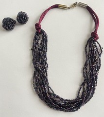Vintage Multi-Strand Purple Peacock Seed Bead Choker Necklace Matching Earrings