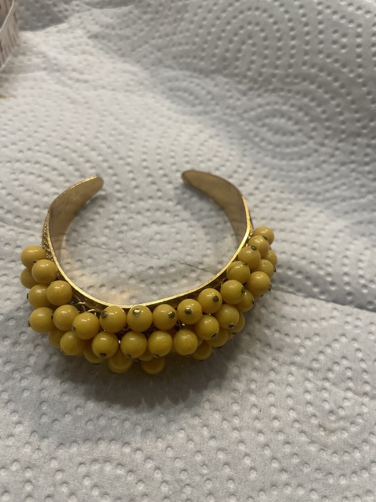 Vtg W Germany 1960s 5 Row Dangle Yellow Opaque Bead Cuff Bracelet GoldTone Frame