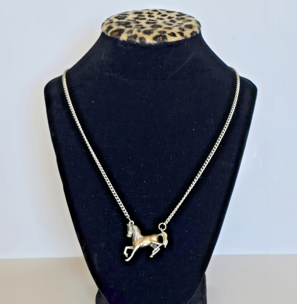 VTG Silver Tone Alloy Running Prancing 3D Cast Horse Equestrian Necklace Pendant