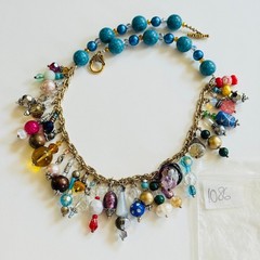 Vtg Art Glass Necklace Beaded Charm dangle Flashy colorful crystal Rare 18″ L