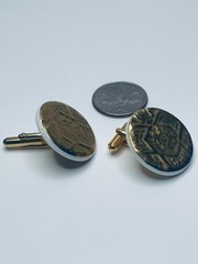 Vintage Brutalist Gold Tone Coin White Disc Mid Century England Cufflinks