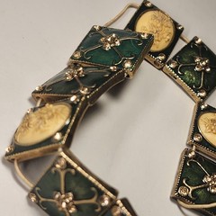 Vintage 1930s Guilloché Enamel Celluloid Cameo Panel Bracelet Art Deco Green