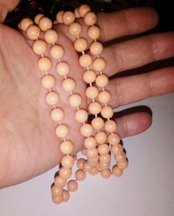 Vintage Long Iridescent Pinkish Peach Beaded Layering Necklace, 1980s Style 48″