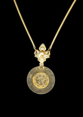 Vintage Napoleon Coin Pendant Necklace Blue Enamel Gold Tone Snake Chain 17.75”