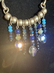 Bohemian Style Necklace Brass Toned Metal, Blue Leather, Drop Beads