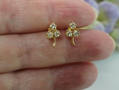 Antique Old European Diamond 3-Leaf Clover Stud Earrings 14K Gold Petite