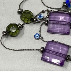 Glass Bead Station Necklace Blue Flower Lampwork Purple Acrylic Black Tone 36″