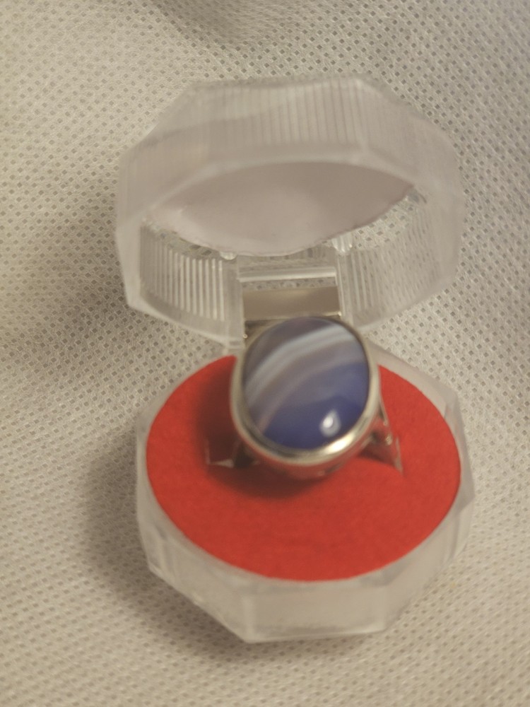 Vintage Sterling Silver Blue Striped Agate Stone Ring Size – US 7 -UK 0