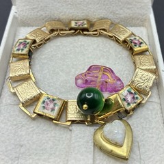 Czech Glass & Faux Opal Heart Locket, Vintage Mix Victorian Book Chain Bracelet