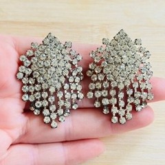 Sparkly Glam Earrings VTG Clip Crystal Austrian Rhinestone Dangle Waterfall 60s