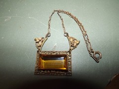 Vtg/Antique Art Deco Czech Filigree Necklace w/Amber Colored Stone