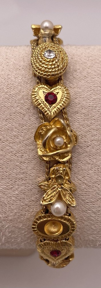Vintage Goldtone Red Clear Rhinestone Slide Bracelet Missing Two Stones