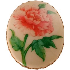 Vintage Hallmark Porcelain Pink Floral Brooch Pendant Gold Tone 2 By 1 1/2 in