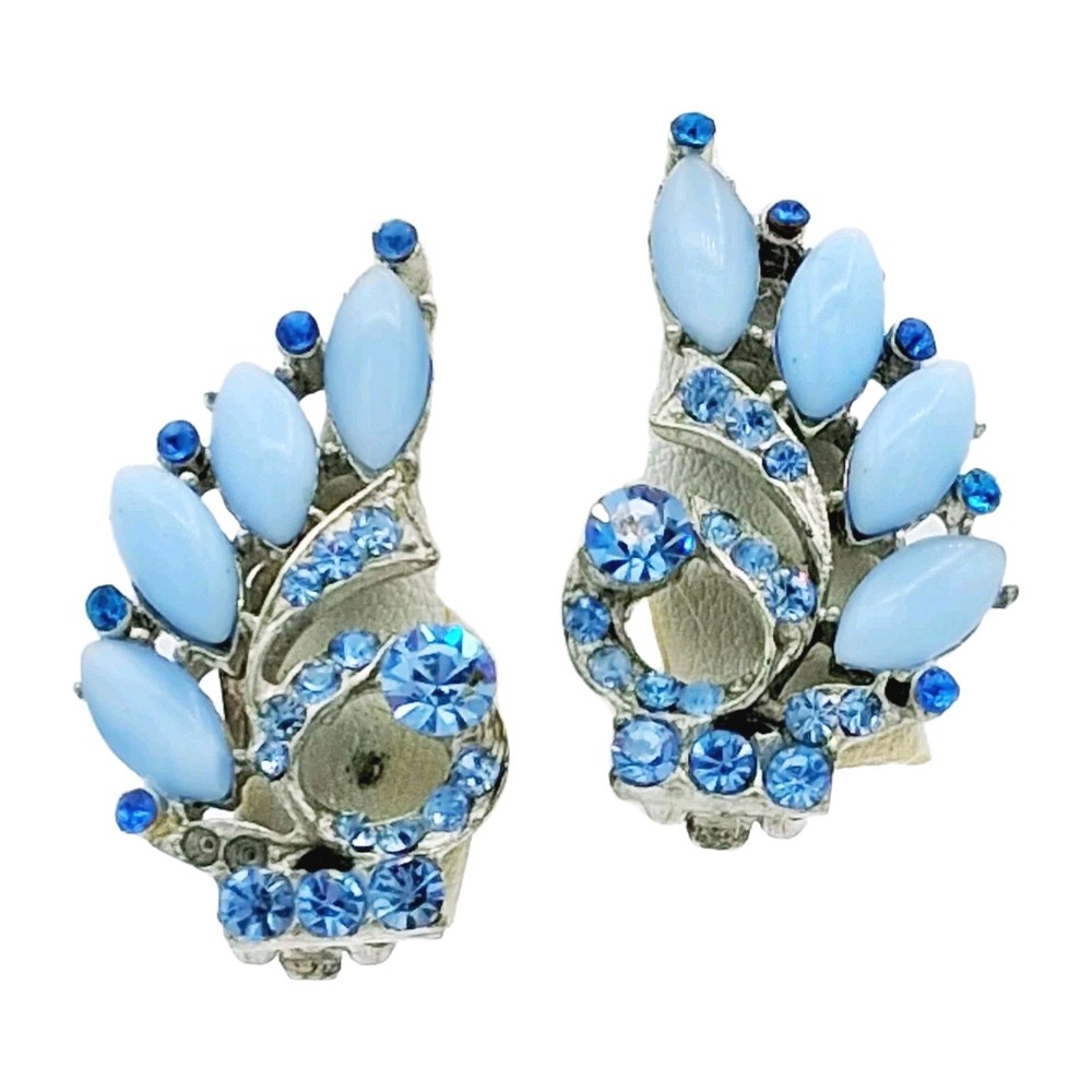 Vtg Blue Glass Rhinestone Climber Earrings Silver Tone 1.5″ Clip Back