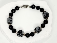Vintage Black and Snowflake Round & Hexagonal Barrel Obsidian Bead Bracelet