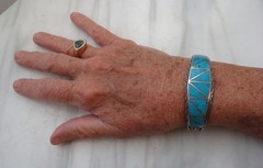 Heavy Inlay Channel Set TURQUOISE ZUNI Stamped STERLING Silver Overlay BRACELET