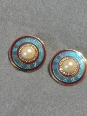 Vintage Earrings Signed Nuri Blue Enamel,”Neo Deco” Design Faux Pearl Rhinestone
