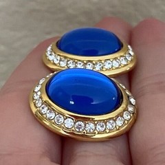 Yves Saint Laurent YSL Sapphire Blue Cabochon Rhinestone Pierced Earrings