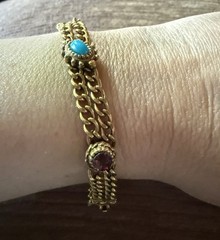 Vintage Double stranded gold tone Bracelet with various Stones 6.5”
