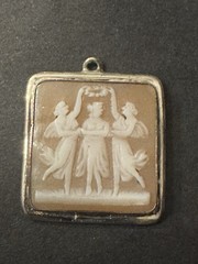 Vtg 800 Silver 3 Graces Cameo Unique Square Pendant Fine Jewelry Carved Stone