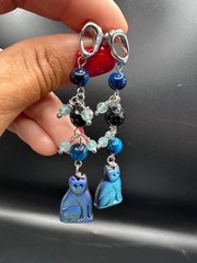 2.9″ Long Black Blue Agate Fluorite Cat Dangle Earrings