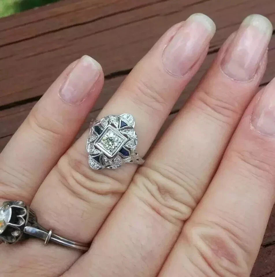 Art Deco Style Round Cut Lab Created Diamond 14K White Gold FN Engagement Ring