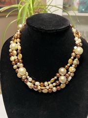 VINTAGE ESTATE 3 STRAND CHAMPAGNE BROWN GENUINE PEARL 6 BEAD NECKLACE STERLING