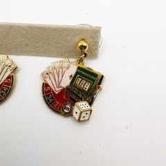 Signed 2008FL Slot Machine Roulette Dice Cards Vtg Costume Gold Tone 3D Earrings