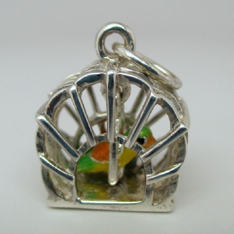 Sterling Silver PARROT CAGE Charm for Bracelet PRETTY BIRD Necklace Pendant CUTE