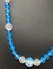 Glass Bead Necklace Blue Faceted Beads Flower Lampwork Center White Acrylic 21″