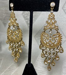 Vintage Style Filigree Chandelier Earrings Gold Tone Rhinestone Dangle 3” Glam