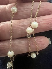 Vintage 14K Yellow Gold & Genuine Pearl Station Necklace 17 1/2″ Long