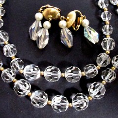 VTG RUNWAY DECO NAPIER 60s TWO STRAND CRYSTAL 16.5″ NECKLACE DANGLING EARRINGS