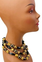 VTG DEAUVILLE LUCITE BLACK GOLD TRIPLE STRAND BEADS METAL SIGNED NECKLACE 12-14”
