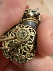 Vintage Czechoslovakia Enamel Filigree Screw Back Earrings Blue Cabochon Brass