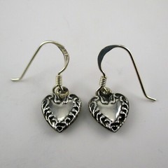 Sterling Silver PUFFY HEART Dangle Earrings DROP Brown County Silver VINTAGE New