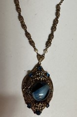 Vintage West Germany Peacock Blue Cabochon Rhinestones Filigree 24” Necklace