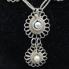 Vtg Wire Filigree Necklace 17” & Bracelet 7” Earrings Faux Pearls Set Boho 1980s