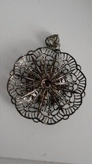Vintage Mother of Pearl Silvertone Filigree Open work Round Pendant