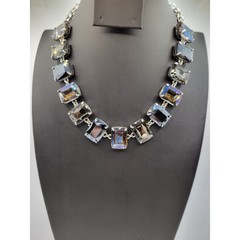 Smoky Glass Necklace AB Prong Set Stones 18″ Adjustable Statement READ
