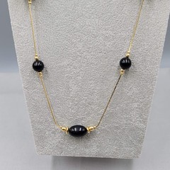 Vintage Station Black Bead Necklace Gold tone Chain Long 30″