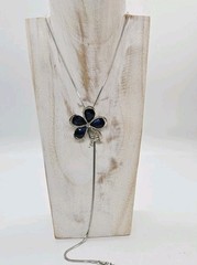 Blue Crystal Flower Necklace Bolo Tie Silver tone snake Chain 36 in STUNNING