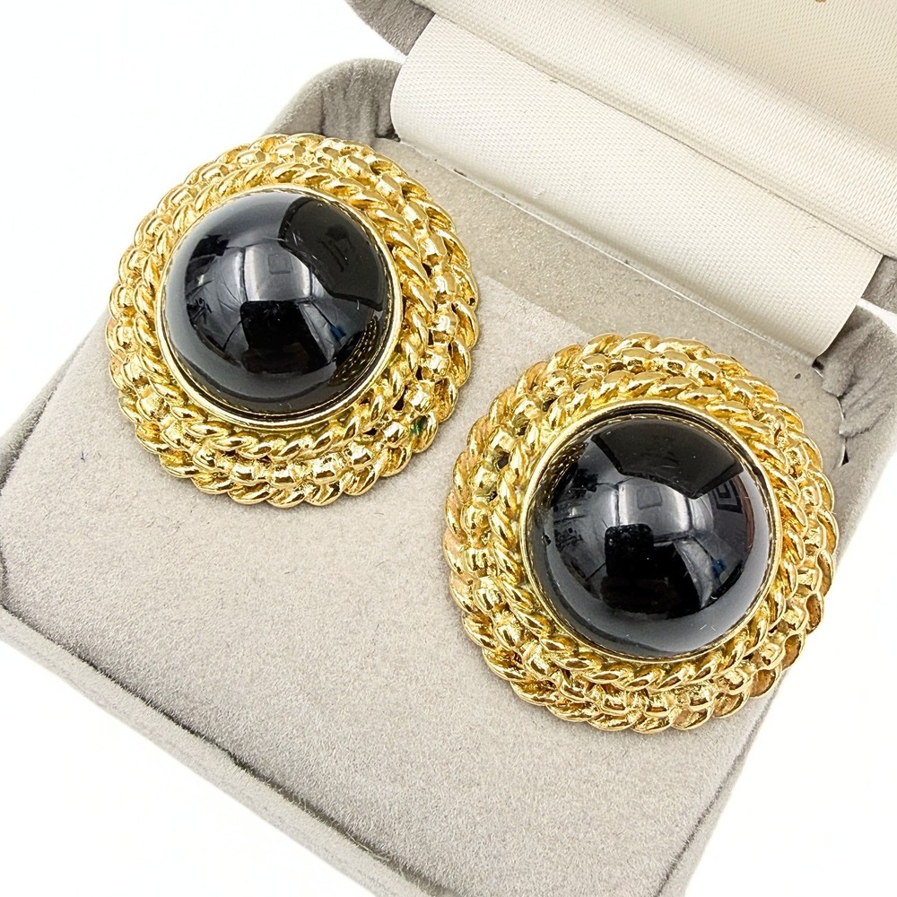 Vintage Black Glass Cabochon Rope Border Gold Plated Clip On Button Earrings