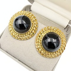 Vintage Black Glass Cabochon Rope Border Gold Plated Clip On Button Earrings
