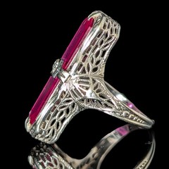 1920s Art Deco Diamond Lab Created Ruby 14 White Gold Cocktail Ring Antique