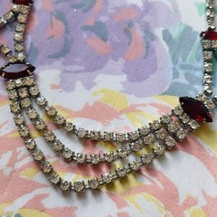 Vintage Rhinestone Necklace 15.5 Inch White and Red Prong Set Stones Hook Clasp