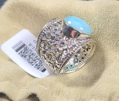 Round Cabochon Larimar Sterling Silver Wide Floral Band Ring & Original Package